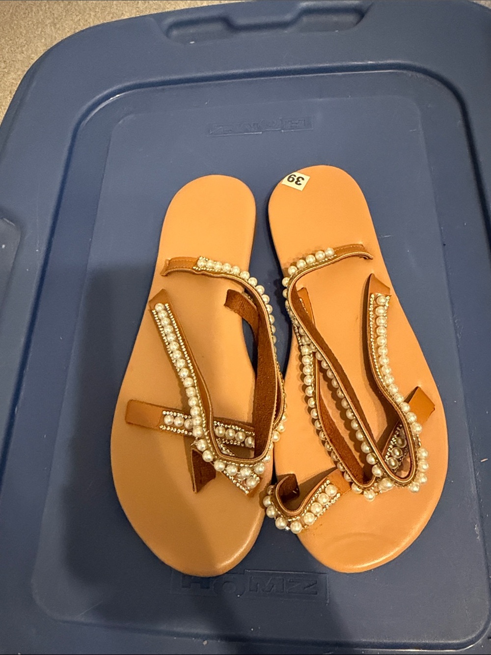Women’s Pearl-Embellished Tan Flat Sandals